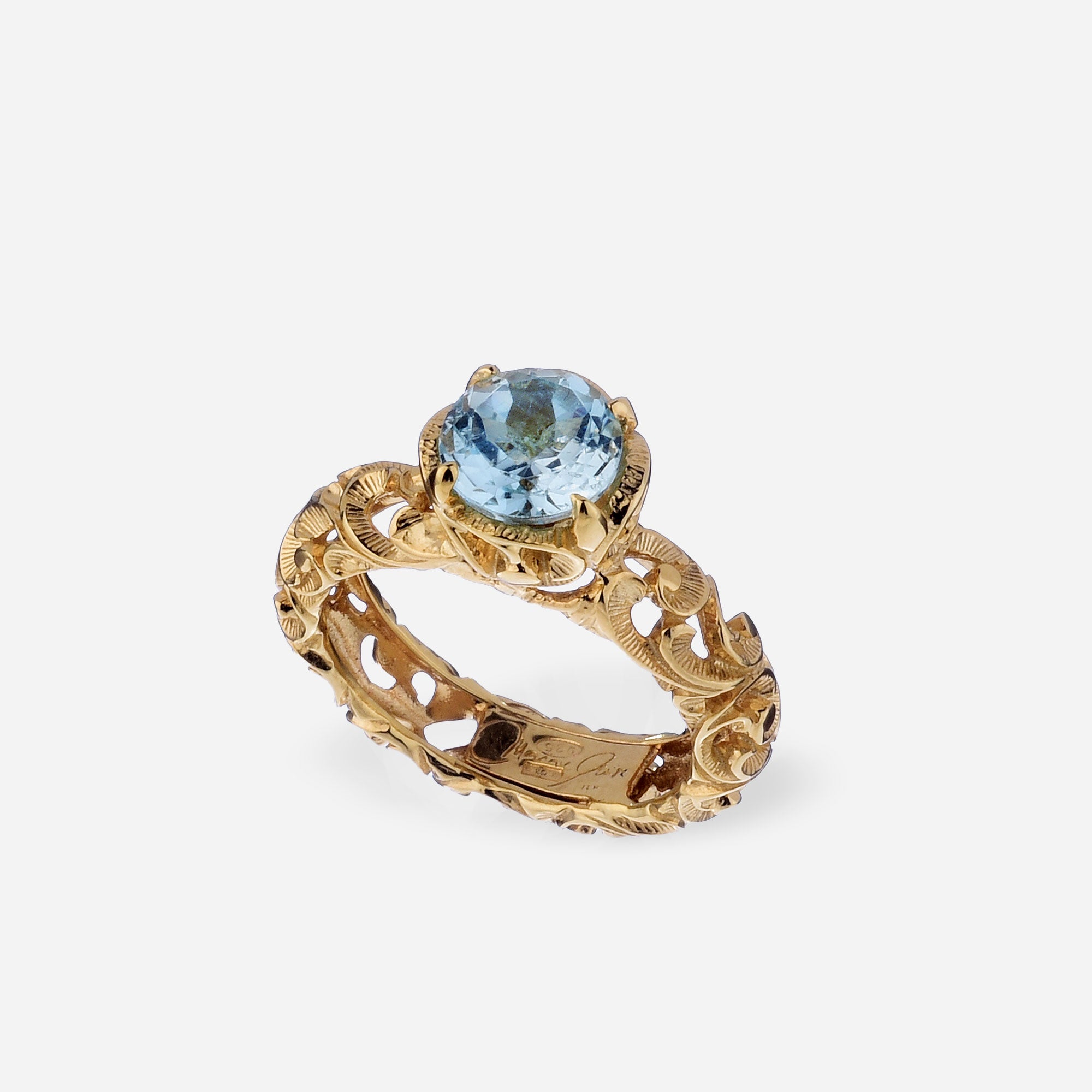 ANELLO PLACCATO ORO GIALLO GAMBO INTAGLIATO CON PIETRA TAGLIO TONDO SFACCETTATO