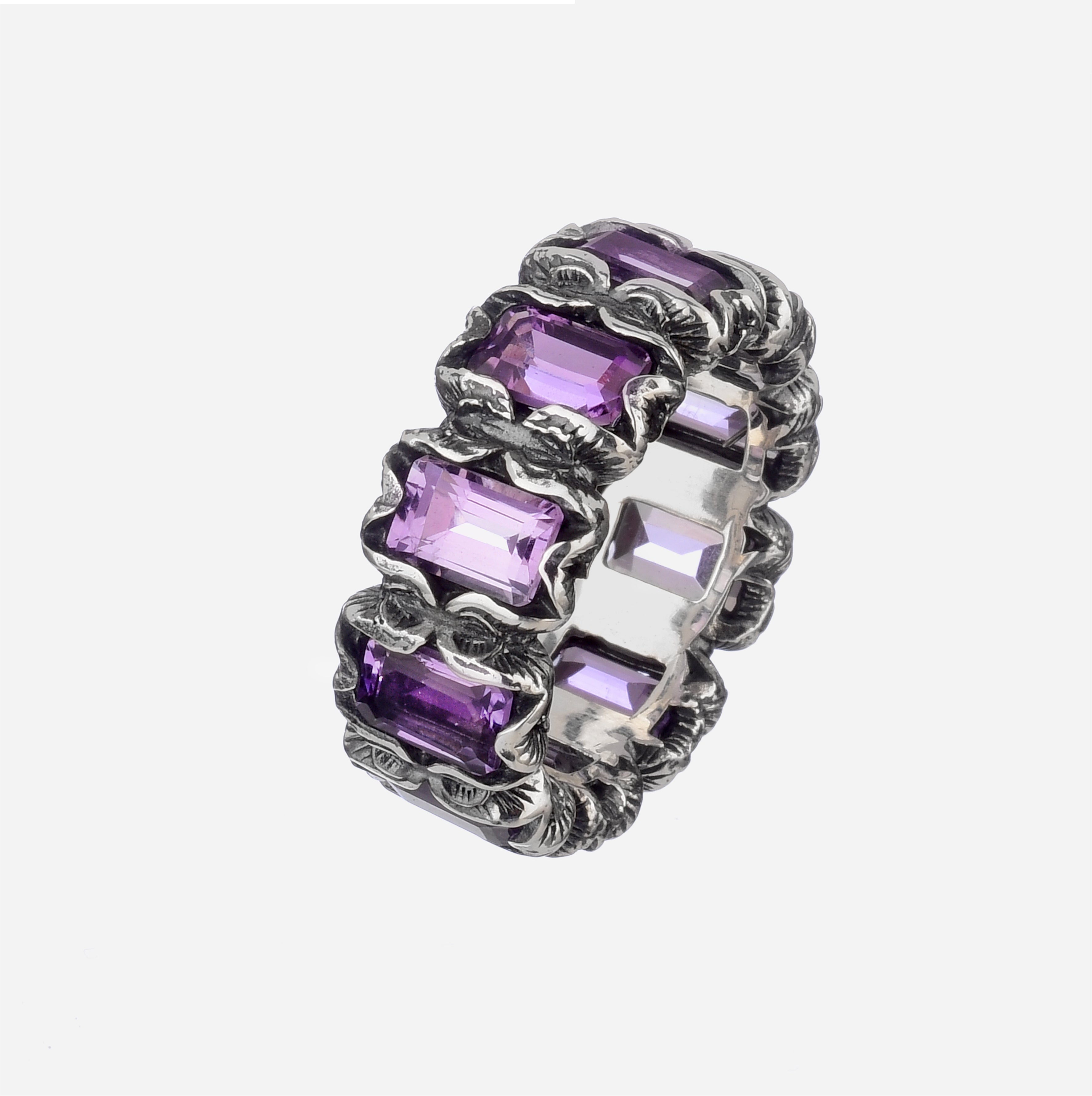 ANELLO IN ARGENTO INTAGLIATO CON 10 PIETRE TAGLIO SMERALDO CRISTALLO DI ROCCA