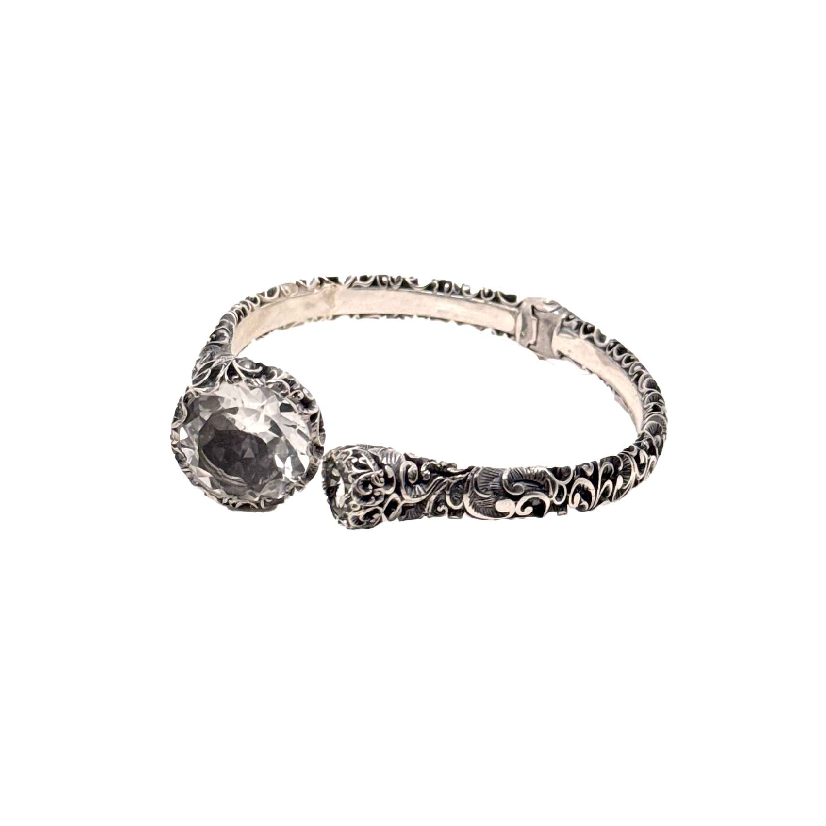 BRACCIALE  IN ARGENTO INTAGLIATO CON UNA PIETRA TONDO SFACCETTATO (15,70mm) MM E UNA PIETRA TONDA (8mm)  CRISTALLO DI ROCCA - LEMON