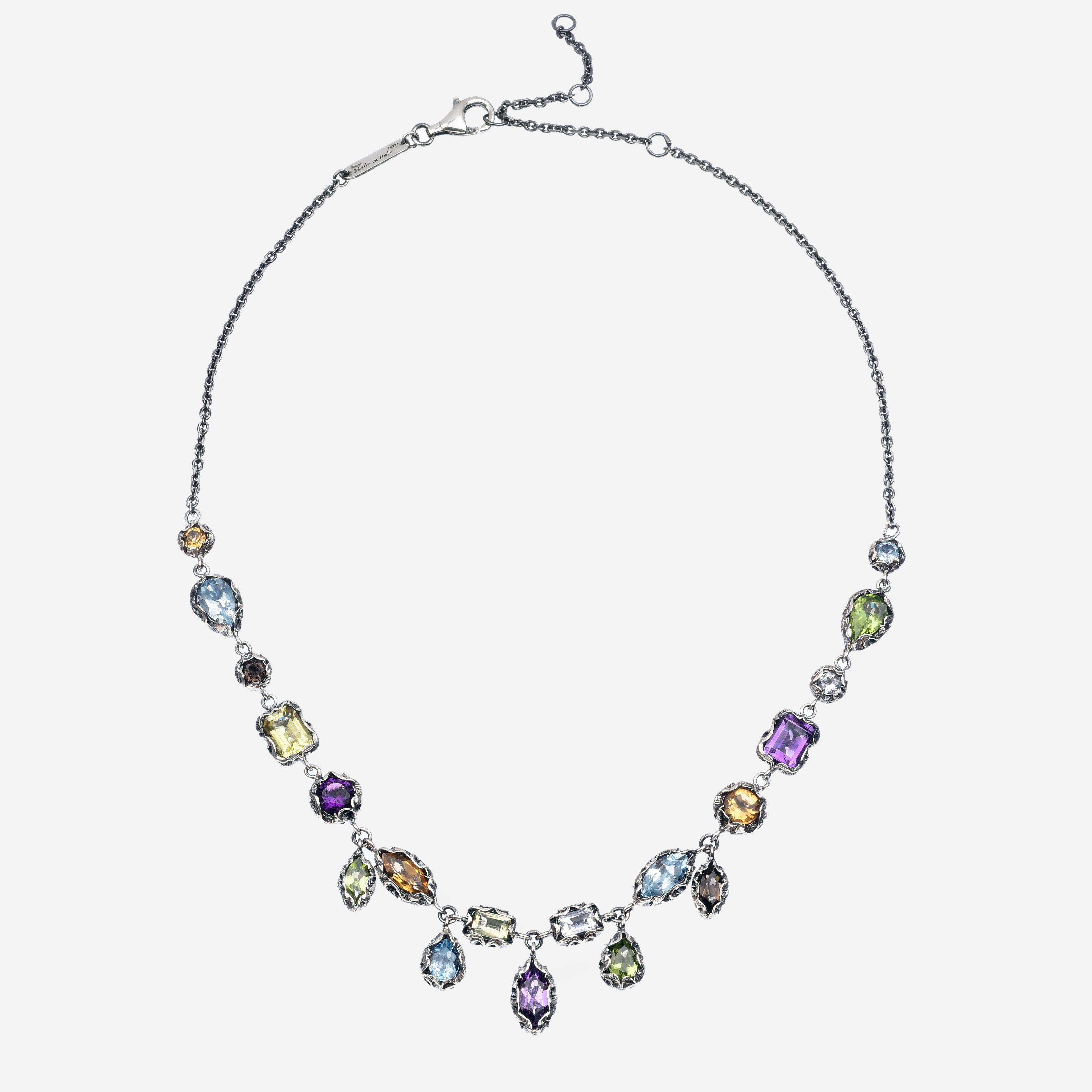 COLLANA IN ARGENTO INTAGLIATO CON 19 PIETRE TAGLIO MISTO CIASCUNO CRISTALLO DI ROCCA - ROSA - FUME - SPINELLO - WHISKY - PRASIOLITE - CITRINO - TOPAZIO AZZURRO - AMETISTA   Multicolor