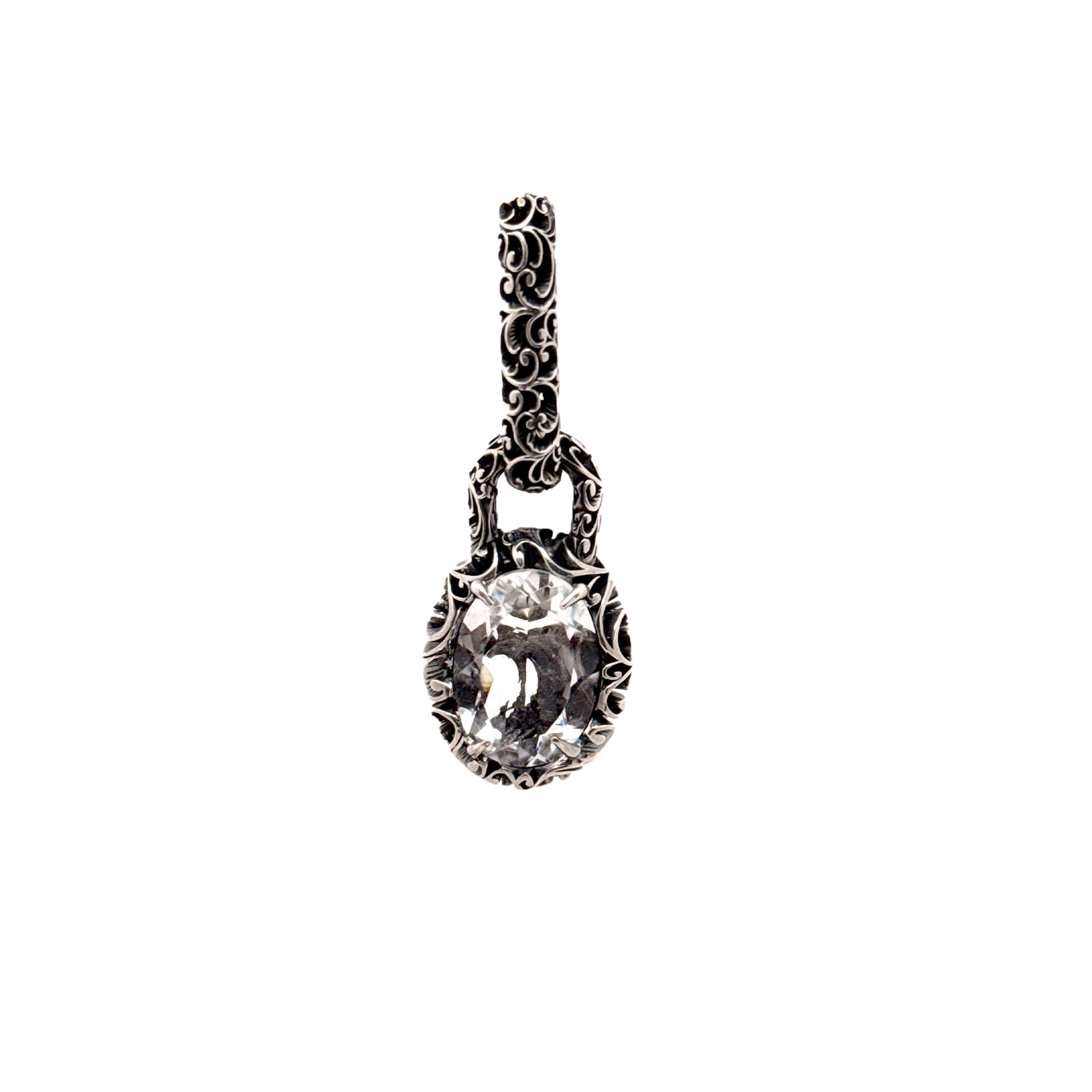 CIONDOLO IN ARGENTO INTAGLIATO CON PIETRA OVALE SFACCETTATO CRISTALLO DI ROCCA
