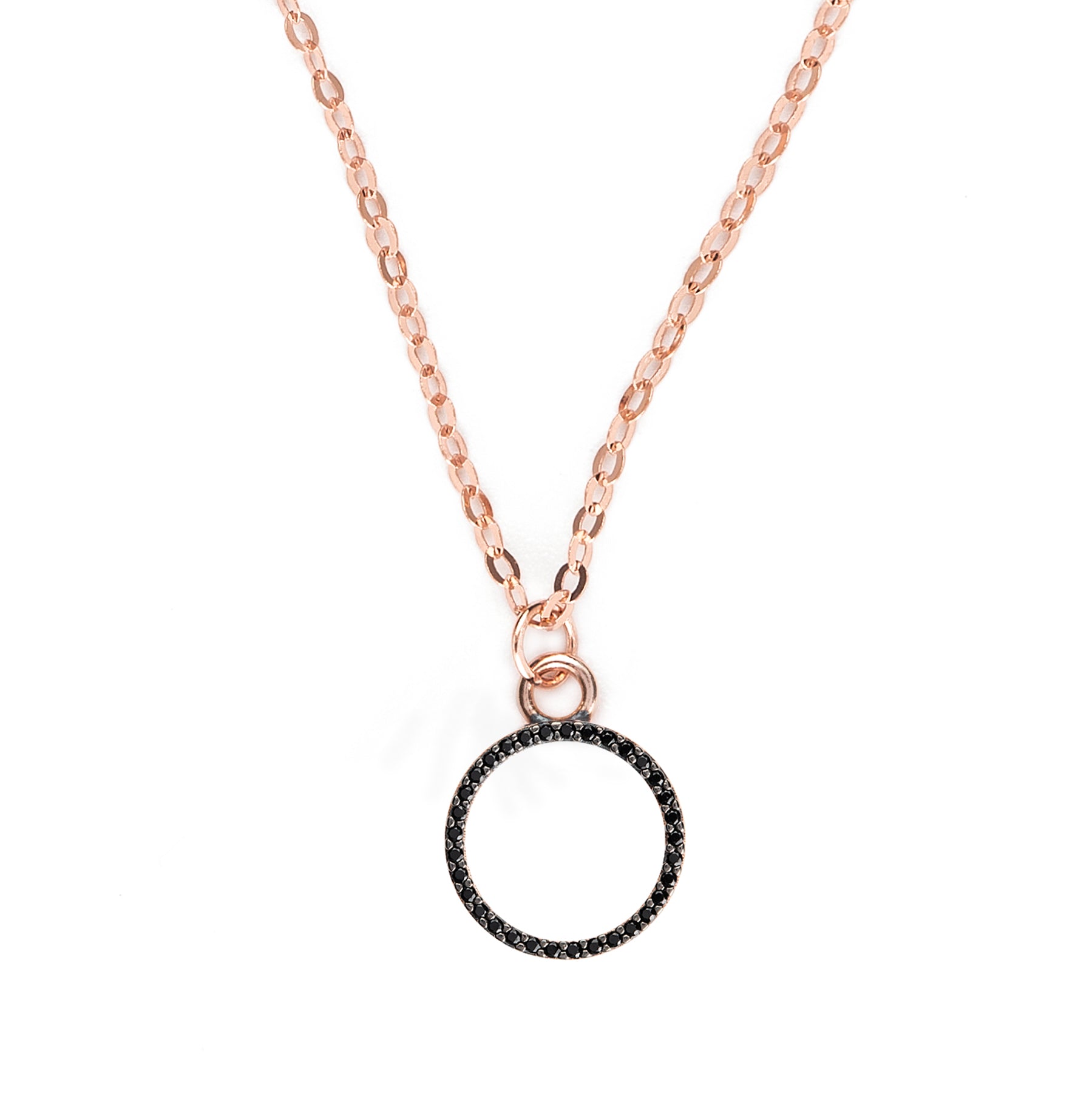 KFD 20 MENO TRAFILATA + ANELLO A MOLLA CM 42 CON 1° ANELLO A CM 40 ORO ROSA ELEMENTO 12 MM CON 26 SPINELLI NERI DA 1,10 MM CIASCUNO